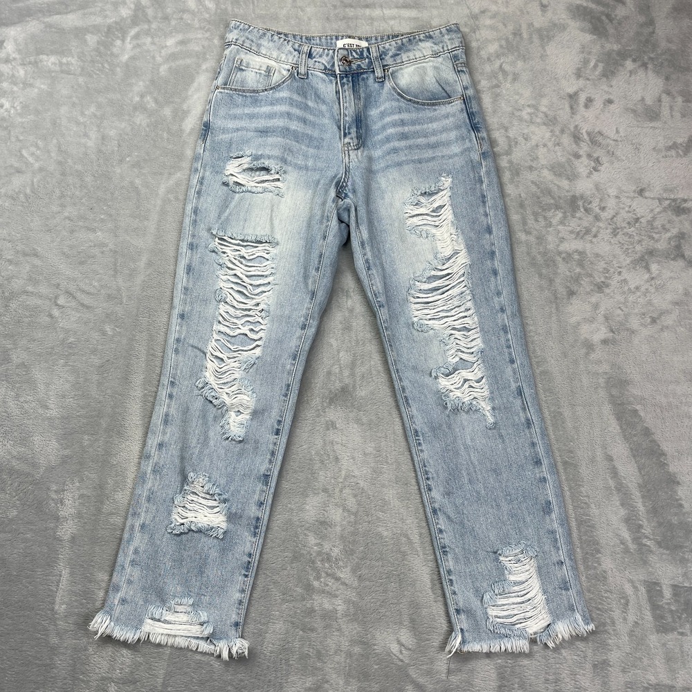 C'est Toi Jeans Women 1/24 (29x26) Blue Denim Distressed Light Wash Straight Leg